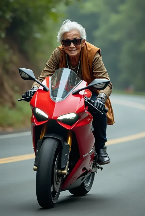 "A 100-year-old grandmother, wearing traditional Thai attire with a sabai draped over her shoulder and a jong kraben wrapped around her waist, is riding in a racing crouch position on a Ducati V4R motorcycle at high speed on a road. She is wearing dark sun...