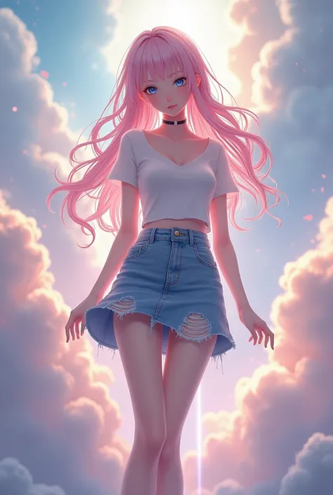 Nationality: Japanese-British mixed
Face Shape: Sexy appearance
Hairstyle: Long light pink hair
Eyes: Blue
Skin Tone: Fair
Outfit: Missy look style, ripped skirt, and V-neck t-shirt
Body Type: Slim and 
공중에 앉아있게 해줘  배경은 극락 같이해줘