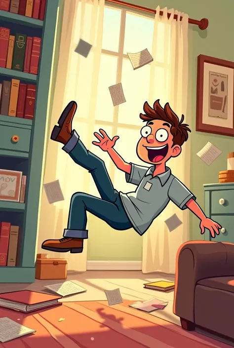 A cartoonist AI image of a male person who is fall with the background of his house room 