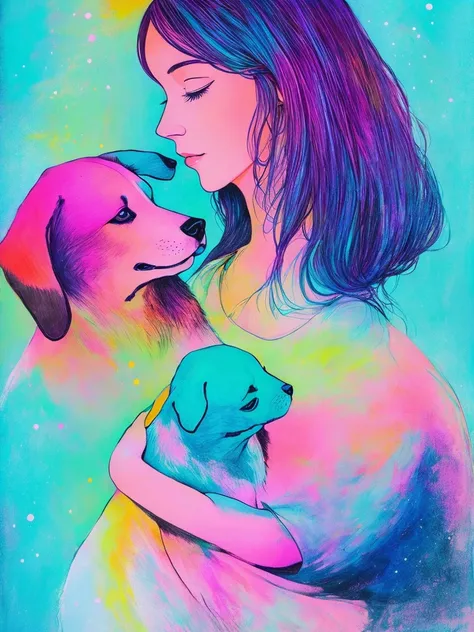 	woman,whole,dog, Bright design, pastel colour, Drops of ink, Spring lights