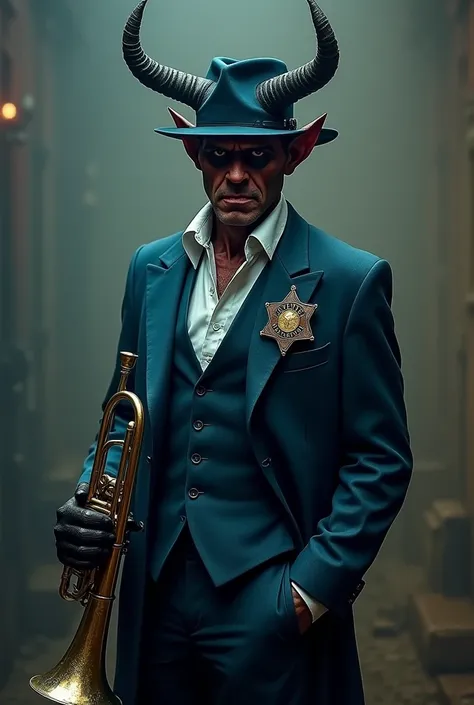 Emo devil with a hat and lead-colored sheriff badge, aviation blue suit white shirt holding trumpet no vest