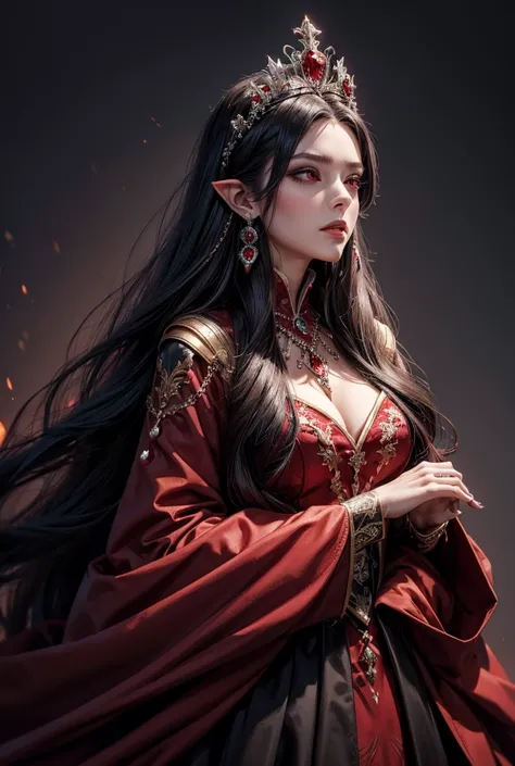 High Resolution, Long Hair, Simple background, Red Eyes, Pointy Ears,Best Quality, Masterpiece, Anatomically Correct, Super Detailed, Earrings, Red Eyes, Jewelry, Hair Ornament, Crown, Tiara, Illustration, Anime, Anime Style, Vampire, Elegant, Elegant clot...