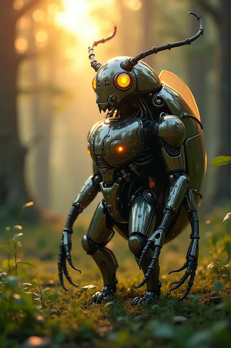 A beetle in cyborg glossy costume standing in a forest at sunset 