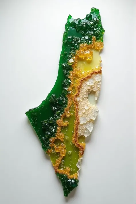 Palestine map made of epoxy resin with crystal mixed with green, yellow, gold, white, beige colors