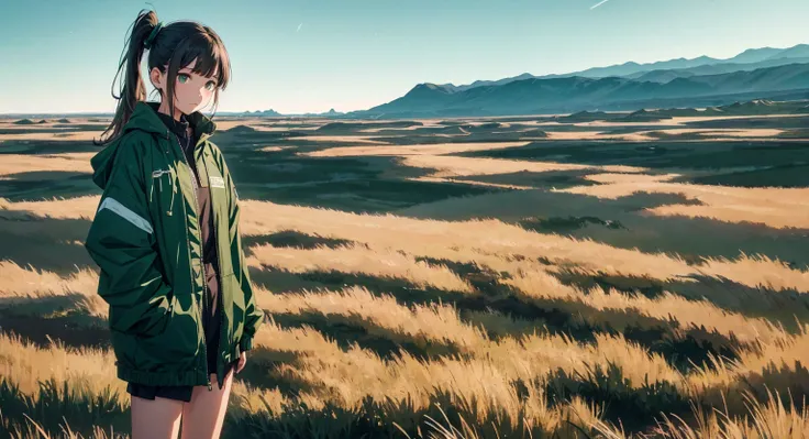 Brown side ponytail，Dark green windbreaker，boots，The background is just the endless sky and horizon.、The only decorations around her are glimmering particles and electronic ripples..Clothing design is simple and modern.In this empty landscape，Her presence ...