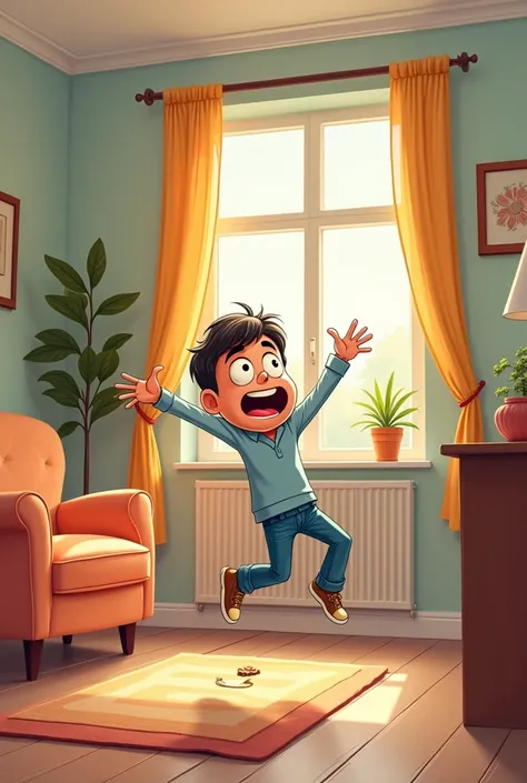 A cartoonist AI image of a male person who is fall by mistake with the background of his house room 