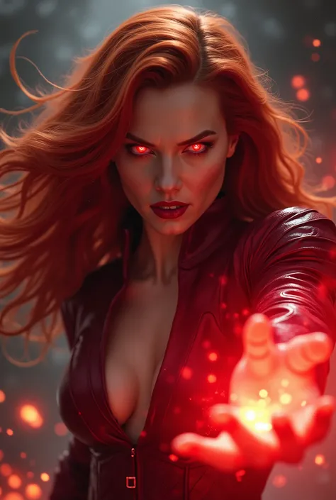 Wanda Maximoff, Red hair, , Marvel, Scarlet witch, Red orange Hair. Evil looking, high realism, wanda Vision, red eys, glowing hands