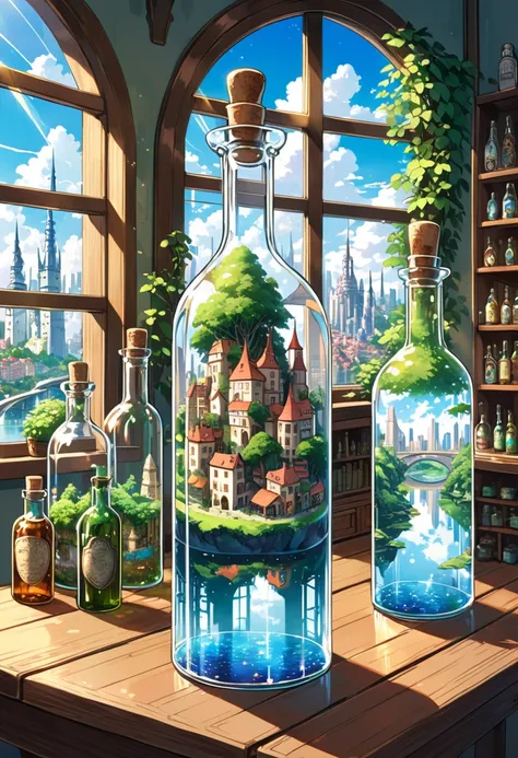 Highly detailed anime-style still art, Studio Ghibli style, masterpiece, Official Art, professional, ((Extremely detailed)), 8K, ((Don&#39;t show it to people)),

Fantasy city in a glass bottle, Many glass bottles, The city should have complex buildings wi...