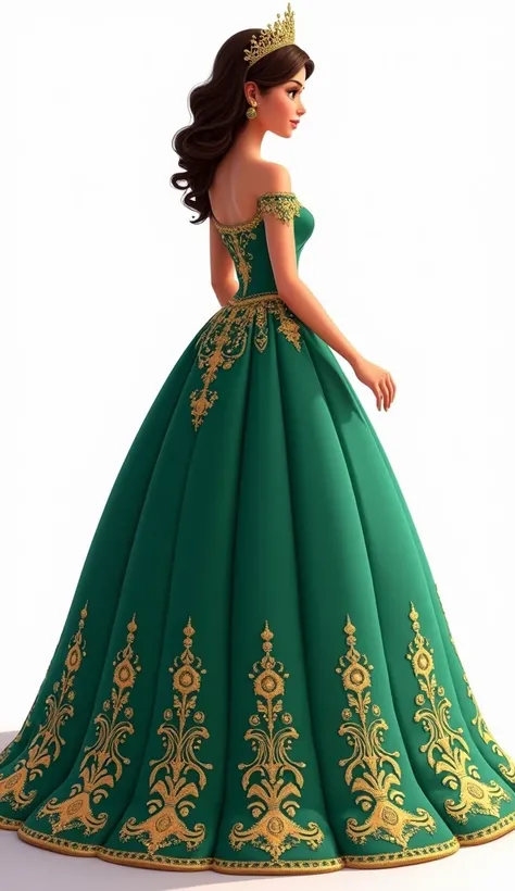 Make an animated illustration on a white background, of a quinceañera dressed in a majestic emerald green dress with gold details. The quinceañera is facing away, looking slightly to the right.. The design is elaborate and elegant, with a style worthy of r...