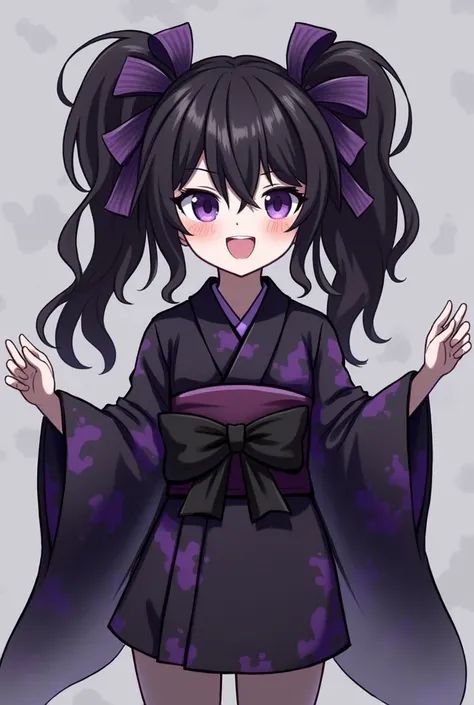 Yami, the Goddess of Chaos, Destruction, Death, Darkness, the End, and Omega (Child-like)
Clothes:
Yami’s attire retains its dark, mysterious allure but now has a playful, almost mischievous twist. Her kimono is still made of dark purple and black fabric, ...