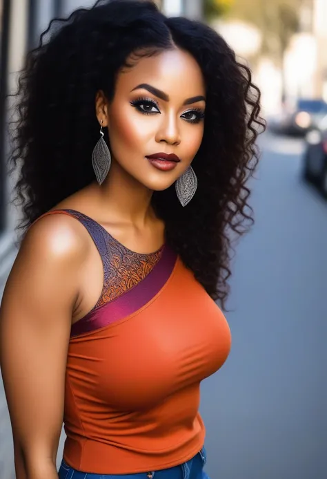 A woman wearing a fashion outfit. Statuesque black woman, aged 30. Slim busty beautiful model. Alternative, boho chic style. Top is colour Burnt orange with a crimson ombre. Asymmetrical one-shoulder top, silk top with a laser-cut pattern. Indigo leather j...