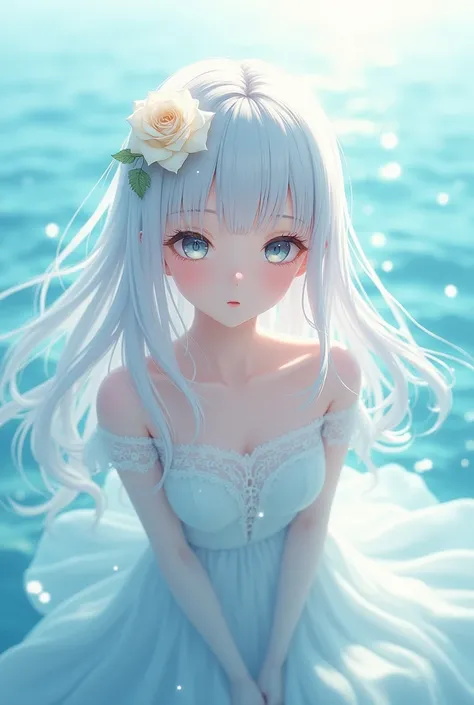 Anime girl white outfit sea background and white rose in hair 