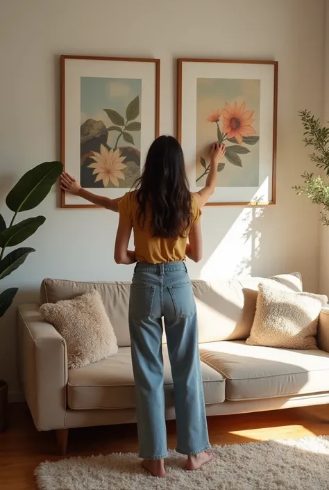 A Brazilian woman with her back turned aligning two paintings measuring 60 cm by 80 cm on the wall above the sofa, small apartment room, well lit and with flowers and carpet

