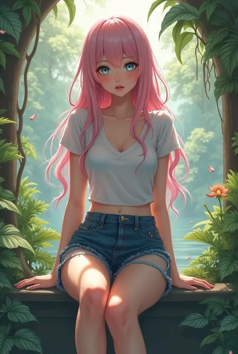 Nationality: Japanese-British mixed
Face Shape: Sexy appearance
Hairstyle: Long light pink hair
Eyes: Blue
Skin Tone: Fair
Outfit: Missy look style, ripped skirt, and V-neck t-shirt
Body Type: Slim and let him sit in the air. Make the background look like ...