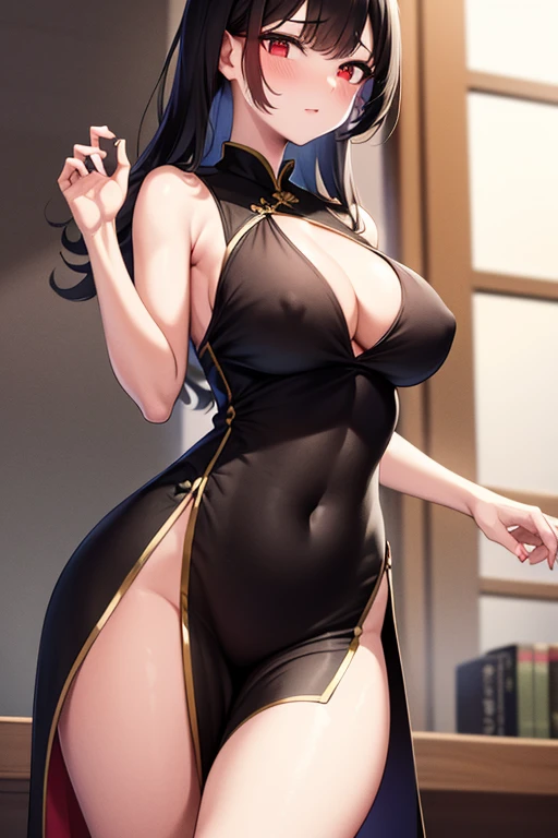 high resolution, turn to face the front, black hair, qipao, tiny breasts, getting red in the face