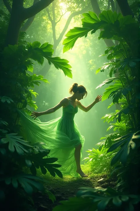 A human green leaves dance in jungle on a cip
