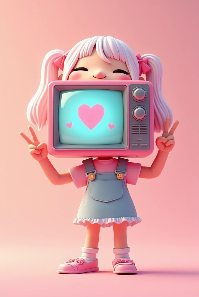 Cute girl with Tv head with heart on screen posing with peace sign, pink.
