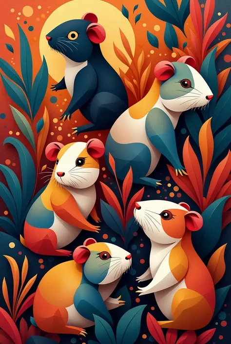 Act as a graphic designer and create a geometric design that mixes abstract shapes of guinea pigs, Pre-Columbian masks and elements, creating a vibrant and colorful mosaic.