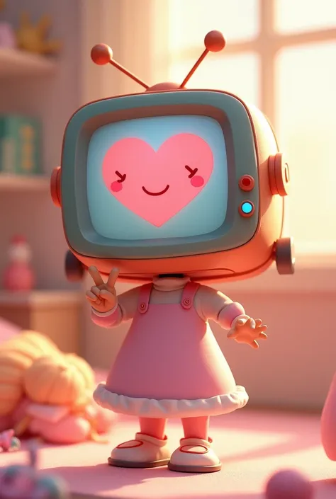 Cute girl with Tv head with heart on screen posing with peace sign, pink, realistic. 
