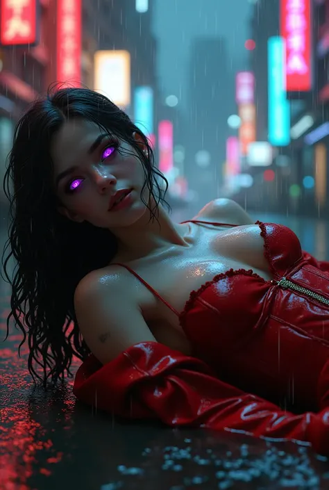 A naked  girl with purple  eyes  in red torn suit and wet body and laying down in cyberpunk city and rainy weather and watching me with smile and a flower tattoo on right breast