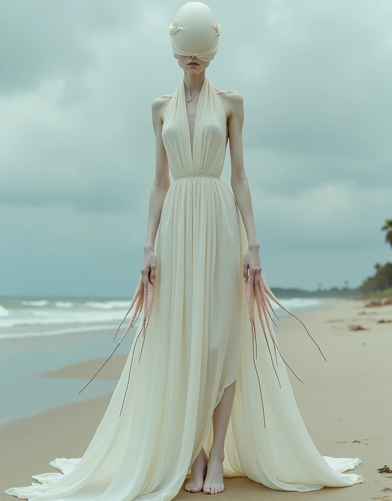 A surrealistic full body photograph of an elegant female humanoid creature with a long elongated neck, white skin and dressed in a flowing gown on the beach. Her head is completely covered by pale fabrics that cover her eyes. She has two very thin tentacle...