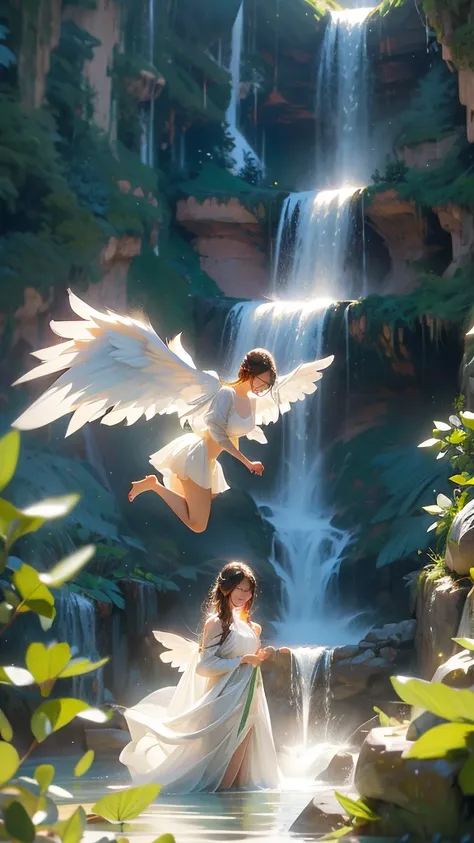 a beautiful angel with big white wings is playing in a waterfall.