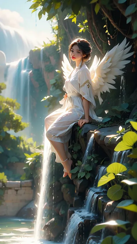 A beautiful angel with big white wings is playing in a waterfall.