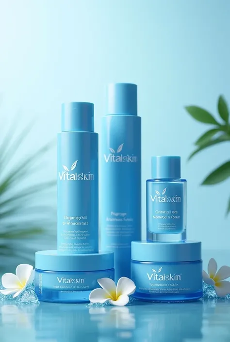 Create skin care product images with blue-themed packaging, for our vitalskin brand