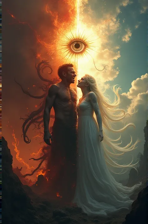 Create an image for the video cover of a person in hell and another in heaven, in paradise, one next to the eye.