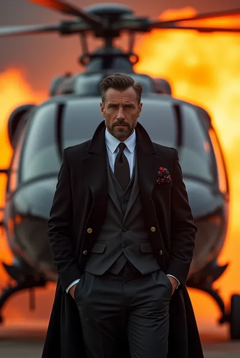 Luxury man wear a coat suit with background of helicopter and the fire moments best quality and wallpaper