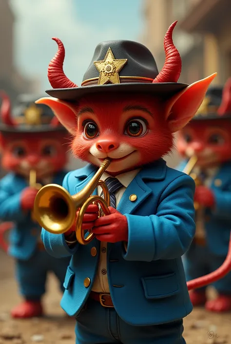 Little devils with lead-colored sheriff hats and a badge on their hats, blue aviation suit, white shirt holding trumpet 