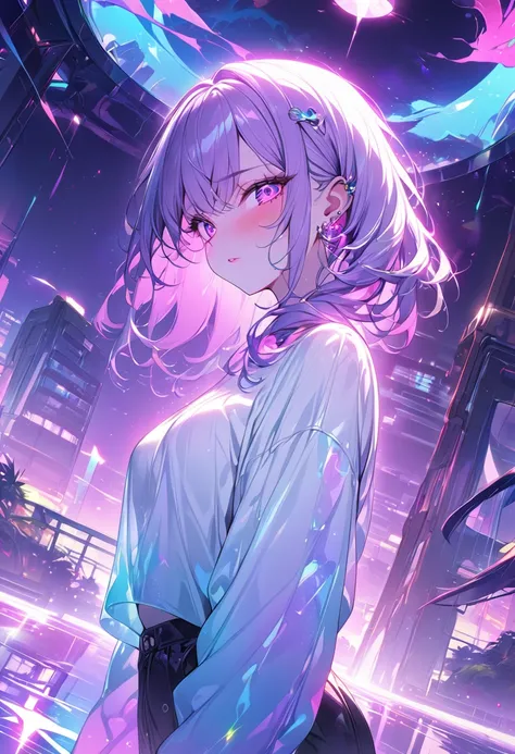 1 girl, Colorful themes, synthwave sky,(best quality, high quality, high resolution), Practical, Very detailed, Very detailed的面部特征, ridiculous,  Practical lighting and reflections, Very detailed的面部特征, See-through shirt, Best photos,high quality illustratio...