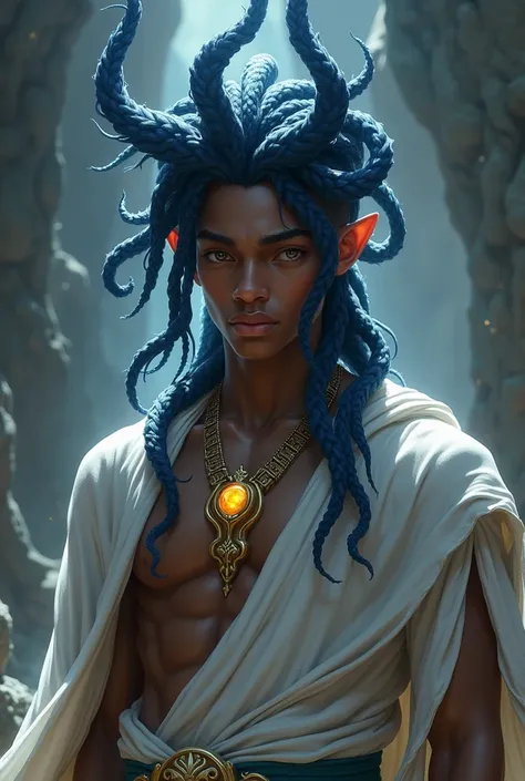 League of legends style, dark blue dreadlocks in the shape of tentacles, ancient warrior clothes, emperos clothes, masculine, young man without many muscles, no beard, human ears, white clothes, pingente de joia amarela no pescoço, roupa que mostra o corpo...