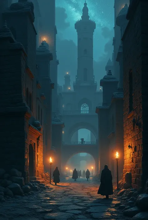 The ancient city was dark, with only morning and evening light coming through. The only light was from torches, and in the shadows, white stars were shining and staring at the people.