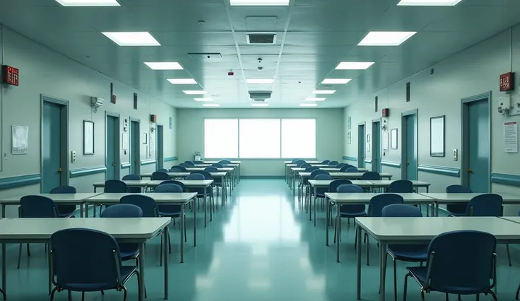 Many empty tables and chairs, no one sitting in front of a large nurse&#39;s room in a hospital.