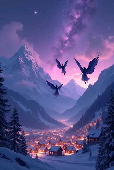 A city in Switzerland mountains, with illuminated cabins and houses, purple sky with star shower, and three men with wings flying