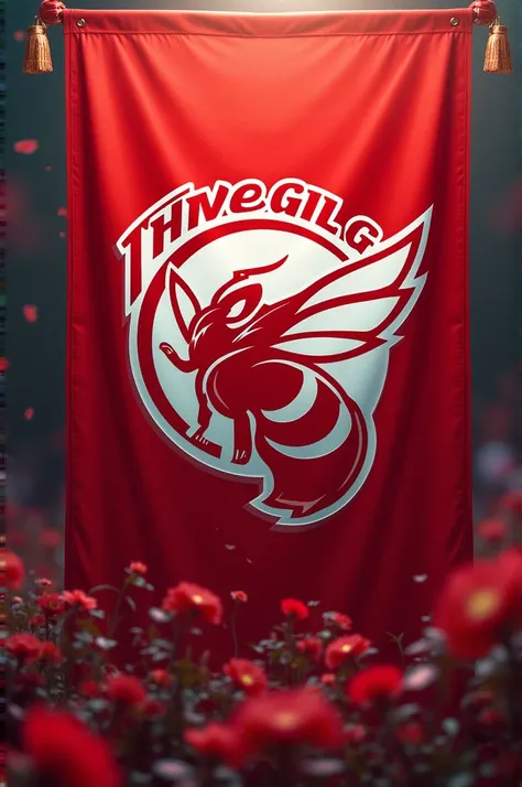 A banner of team galing with a logo of a bee and a color design of red and
 white 