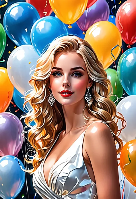 Birthday, portrait, close-up, blond girl, blond hair, long curly hair, impeccable beauty, Impeccable anatomy, celebration, joy, happiness, solemn atmosphere, balloons, beautiful sheath evening dress, White dress,  art in the style of Stanley Lau, art in th...