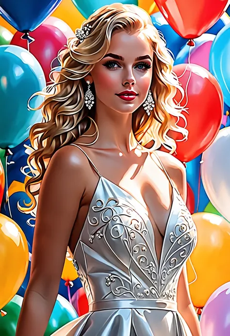 Birthday, portrait, close-up, blond girl, blond hair, long curly hair, impeccable beauty, Impeccable anatomy, celebration, joy, happiness, solemn atmosphere, balloons, beautiful sheath evening dress, White dress,  art in the style of Stanley Lau, art in th...