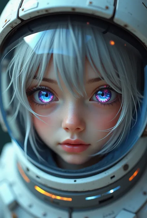 (Close-ups of even better masterpieces:1.5)0.9], (Space and astronauts:1.2) (Disheveled silver hair:1.1) (Heterochromia、Xanthochromia、blue eyes:1.2) (Space Helmet:1.0) (Colored stars in my eyes:1.0) (Shining Sparkle:1.1) (Thick lips:0.9)