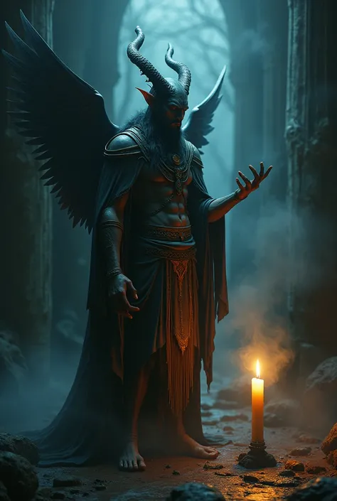 The shaman has three arms and a wing from behind his shoulder, his breath lights a candle