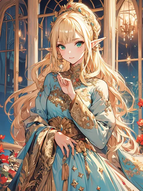 masterpiece, best quality, 1girl, ultra detailed, ultra highres, well-definded facial features, anatomically correct, cute girl, long pointy ears, elf, nice face,blonde hair, green eyes, mole ungereye, flamenco dress, art deco,