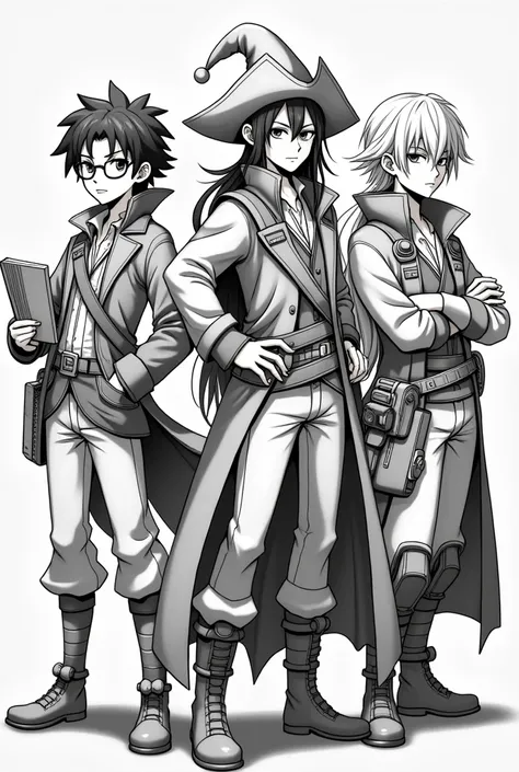 Make 5 jolly Rogers in anime style only in Black, White and shades of Grey: The first with round glasses and a book, The second with a jester hat and bard features, the third with millitary gadgets and The fourth with a ninja mask. 
The fifth looks like a ...