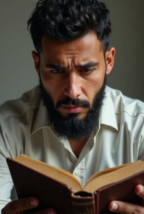 Alis face shows confusion and frustration as he tries to understand the verses of the Quran.