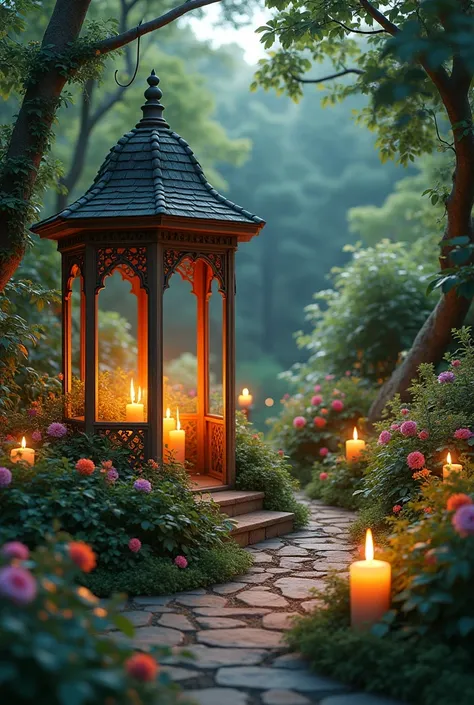  a beautiful garden, surrounded by lush greenery, colorful flowers, and twinkling fairy lights that created a magical atmosphere. In the center of the garden was a small gazebo, lit with hundreds of candles, their flickering flames adding to the romantic a...