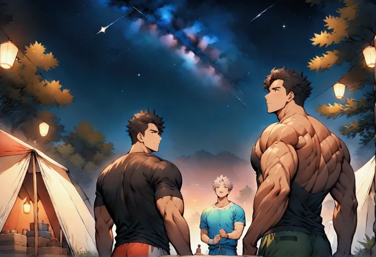 Highest quality、High resolution、Super detailed、(muscular male:1.5)、(father:0.5)、Short Hair、Sports haircut、short hair、night、camp site、Looking up at the starry sky、A fun atmosphere、3boys、wide view