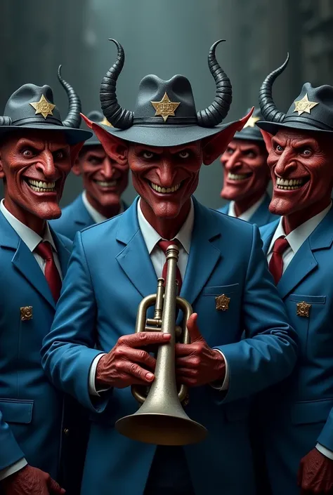 5 evil devils smiling holding trumpet with lead colored sheriff hat and hat pin, blue aviation suit, White shirt 