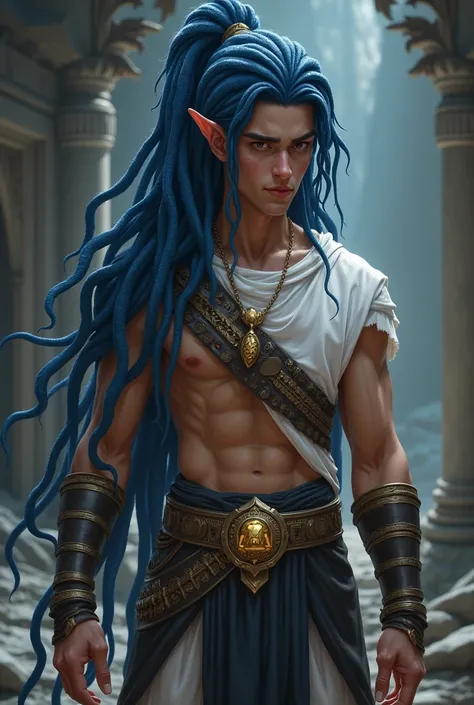 League of legends style, dark blue dreadlocks in the shape of tentacles, ancient warrior clothes, emperos clothes, masculine, young man without many muscles, no beard, human ears, white clothes, pingente de joia amarela no pescoço, roupa que mostra o corpo...