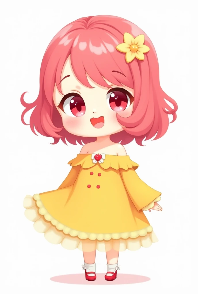 Chibi, Flat color, Single, Full body, cute, (Highest quality), Pink hair, Red eyes, Bob cut, ((curly hair)), Off shoulder, beautiful eyes, Big smile, Bright and curious personality, Mood Creators, cheery, Open mouth, (Yellow cover dress, face veil), White ...