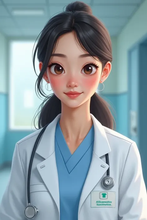 A girl who is a nurse and in her tag their clearly showed named lojina Subba she has almond eyes she is wearing white coat